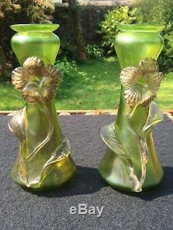 Bohemian Czech Loetz / Kralik Style Art Nouveau pair of art Glass Vase vases