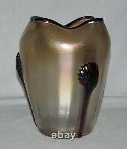 Bohemian Kralik Iridescent Art Glass Vase, Purple Applied Tadpoles & Rim