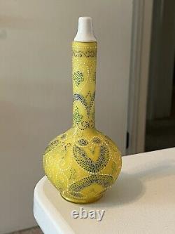 Bohemian Moser Antique Art Glass Stick Neck Vase/Bottle Enamel Yellow