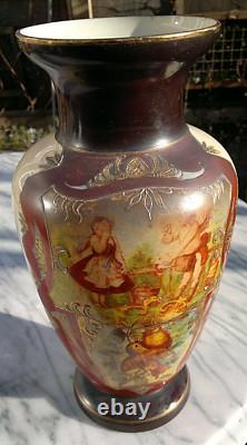 C1880 Antique Art Glass Vase Hand Painted CherubLove LetterBird 13.25Tall