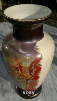 C1880 Antique Art Glass Vase Hand Painted CherubLove LetterBird 13.25Tall