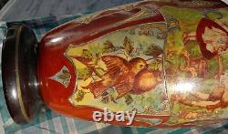 C1880 Antique Art Glass Vase Hand Painted CherubLove LetterBird 13.25Tall