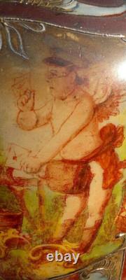 C1880 Antique Art Glass Vase Hand Painted CherubLove LetterBird 13.25Tall