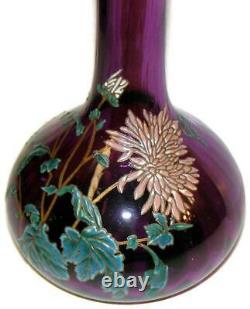C1890 Mont Joye Legras French Art Glass Enameled Art Nouveau Purple 14 Vase