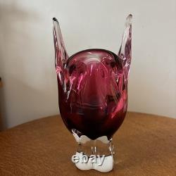 Chribska Cranberry Sommerso Cat's Head Art Glass Vase Joseph Hospodka Czech
