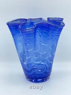 Cobalt Blue Swirl Art Glass Vase, Vintage Royal Gallery Hand Blown Vase