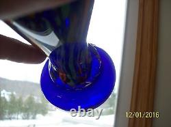 Colbalt Blue Confetti Clear Glass Overlay Tall Art Glass Handkerchief Rim Vase