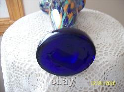 Colbalt Blue Confetti Clear Glass Overlay Tall Art Glass Handkerchief Rim Vase