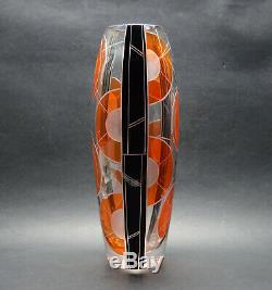Czech Art Deco Modernism Clear Glass Vase with Orange and Black Enamel K Palda