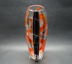 Czech Art Deco Modernism Clear Glass Vase with Orange and Black Enamel K Palda