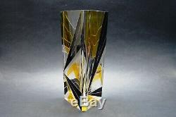 Czech Art Deco Modernism Crystal Glass Vase with Black and Yellow Enamel K Palda