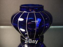 Czech Art Glass Wiener Werkstatte 4 1/2Ht Cobalt Vase withSilver Powolny Art Deco