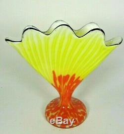 Czech FRANZ WELZ Scallop Fan Glass Vase Yellow Orange Spatter Art Deco Loetz era