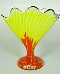 Czech FRANZ WELZ Scallop Fan Glass Vase Yellow Orange Spatter Art Deco Loetz era