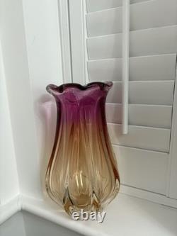 Czech Glass Chribska Heavy Glass Vase by Josef Hospodka Pink and Amber