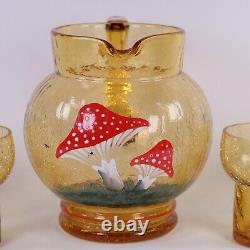 Czech Glass Cordial Toadstool Set Pitcher Six Glasses Mid Century Amber Crackle