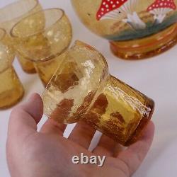 Czech Glass Cordial Toadstool Set Pitcher Six Glasses Mid Century Amber Crackle