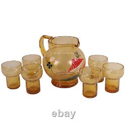 Czech Glass Cordial Toadstool Set Pitcher Six Glasses Mid Century Amber Crackle