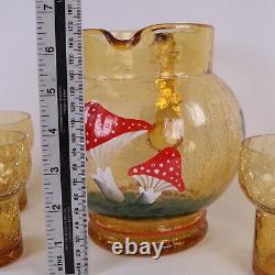 Czech Glass Cordial Toadstool Set Pitcher Six Glasses Mid Century Amber Crackle