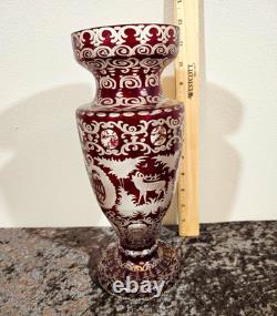 Czech Red & White Art Glass Vase Etched Deer Castle Design 8in sign by artist