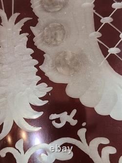 Czech Red & White Art Glass Vase Etched Deer Castle Design 8in sign by artist