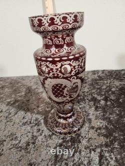 Czech Red & White Art Glass Vase Etched Deer Castle Design 8in sign by artist