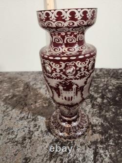 Czech Red & White Art Glass Vase Etched Deer Castle Design 8in sign by artist