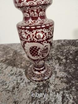 Czech Red & White Art Glass Vase Etched Deer Castle Design 8in sign by artist