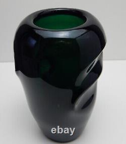 Czech Skrdlovice Chunky Sculptural Green Abstract Art Glass Vase Mid Century