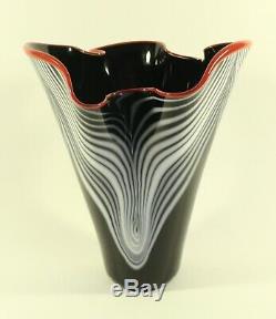 DAN BERGSMA Chihuly Studio ART GLASS Pulled Feather Black White Red Lip VASE