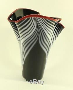 DAN BERGSMA Chihuly Studio ART GLASS Pulled Feather Black White Red Lip VASE