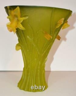Daum Nancy Art Glass Crystal Jonqiuilles Daffodils Unique 9.5 tall Large Vase