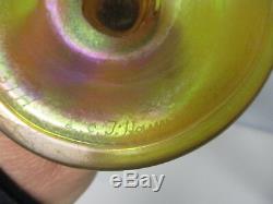 EARLY SIGNED L. C. TIFFANY FAVRILE ART GLASS BULBOUS 9 1/8 VASE with GREEN LEAF