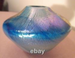 Early Robert Eickholt Art Glass Blue Aurene Ovoid Stretched Vase Hand Blown 1987