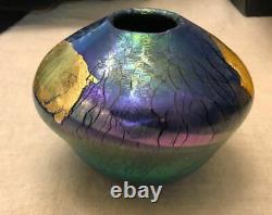 Early Robert Eickholt Art Glass Blue Aurene Ovoid Stretched Vase Hand Blown 1990