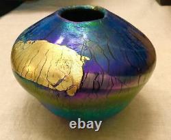 Early Robert Eickholt Art Glass Blue Aurene Ovoid Stretched Vase Hand Blown 1990