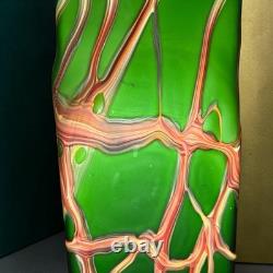 Essie Zareh Studio Art Glass Vase Green with Red Web Pattern Modernist E. Zareh