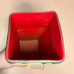 Essie Zareh Studio Art Glass Vase Green with Red Web Pattern Modernist E. Zareh