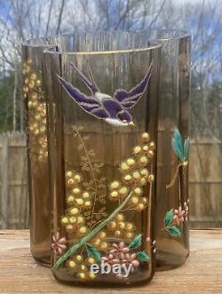 Exceptional Moser Enameled Art Glass Swallow and Dragonfly Vase