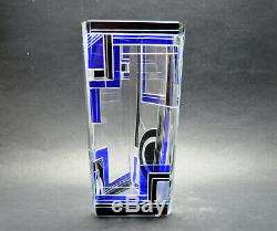 Exquisite Czech Art Deco Clear Crystal Glass Black Blue Enamel Vase Karl Palda