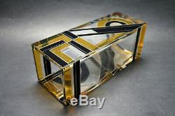 Exquisite Czech Art Deco Clear Crystal Glass Black Yellow Enamel Vase Karl Palda
