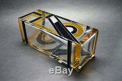 Exquisite Czech Art Deco Clear Crystal Glass Black Yellow Enamel Vase Karl Palda