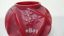 Extremely Rare Solid Red Consolidated Glass Art Deco Martele Vines 7 Vase, Mint