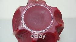 Extremely Rare Solid Red Consolidated Glass Art Deco Martele Vines 7 Vase, Mint