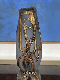 FILIP RAVERT Romanian Art Glass Vase Pale Blue with Bronze Overlay ART NOUVEAU