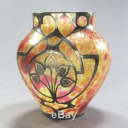 FRITZ HECKERT Art Glass MORMOPAL Vase Sterling Silver Overlay ca. 1902 Loetz Era