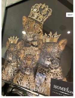Family Of 4 Cheetah Crown Mirrored Frame Wall Art 55Cm X 55Cm