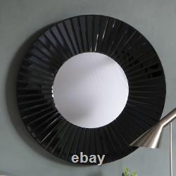 Faxion Large Round Black Glass Frame Radial Design Wall Mirror 31.5 Dia