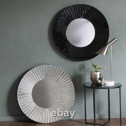 Faxion Large Round Black Glass Frame Radial Design Wall Mirror 31.5 Dia