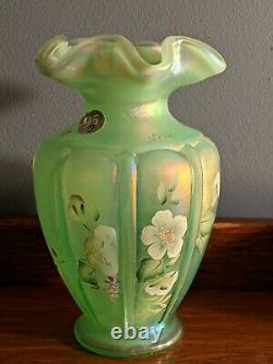 Fenton 95th art Glass Hand Painted Flowers On Willow Green Opalescent Vase 6.5